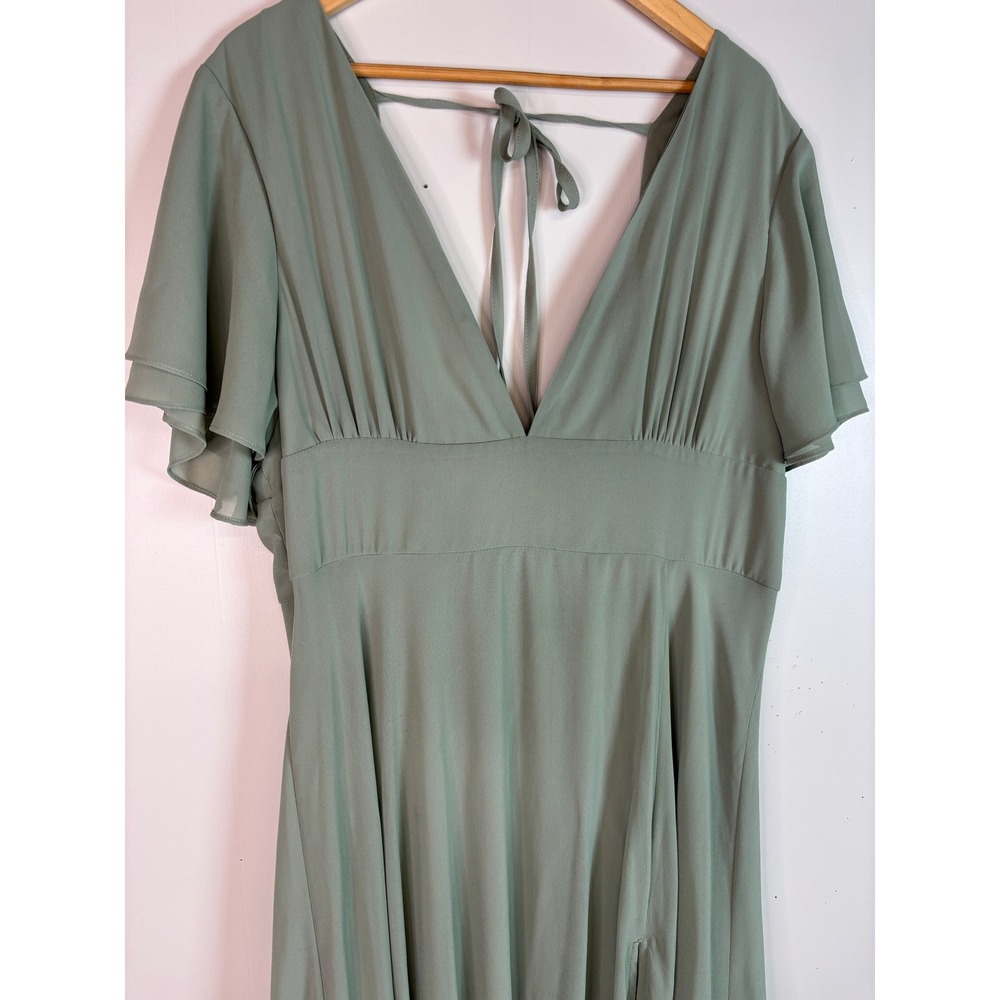 Lulus Maxi Dress 2X Sage Green Flutter Sleeve Deep V-Neck High Slit Bridesmaid - Picture 2 of 9